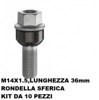 Bulloni ruota con rondella sferica Porsche M14x1.5,Chiave 19,Lungo 36 MM 10 pz.