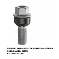 Bulloni ruota con rondella sferica Porsche M14x1.5,Chiave 19,Lungo 36 MM 20 pezz