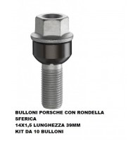 Bulloni ruota con rondella sferica Porsche M14x1.5,Chiave 19,Lungo 39 MM 10 pZ.