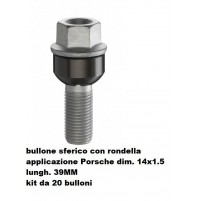 Bulloni ruota con rondella sferica Porsche M14x1.5,Chiave 19,Lungo 39 MM 20 pezz